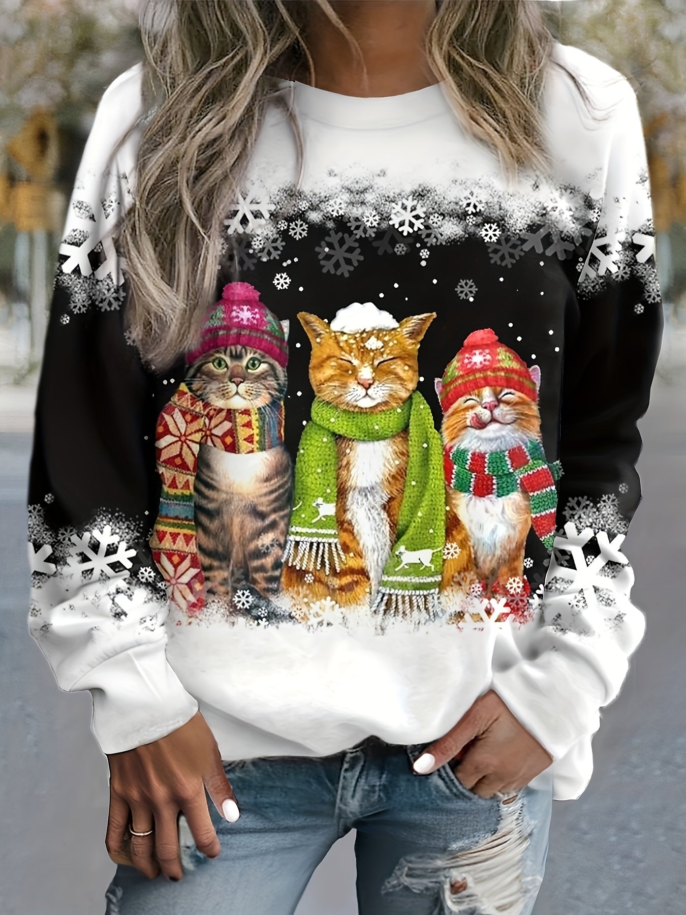 Feline Frost™ - Warme Wintertop met Sneeuwkat Print