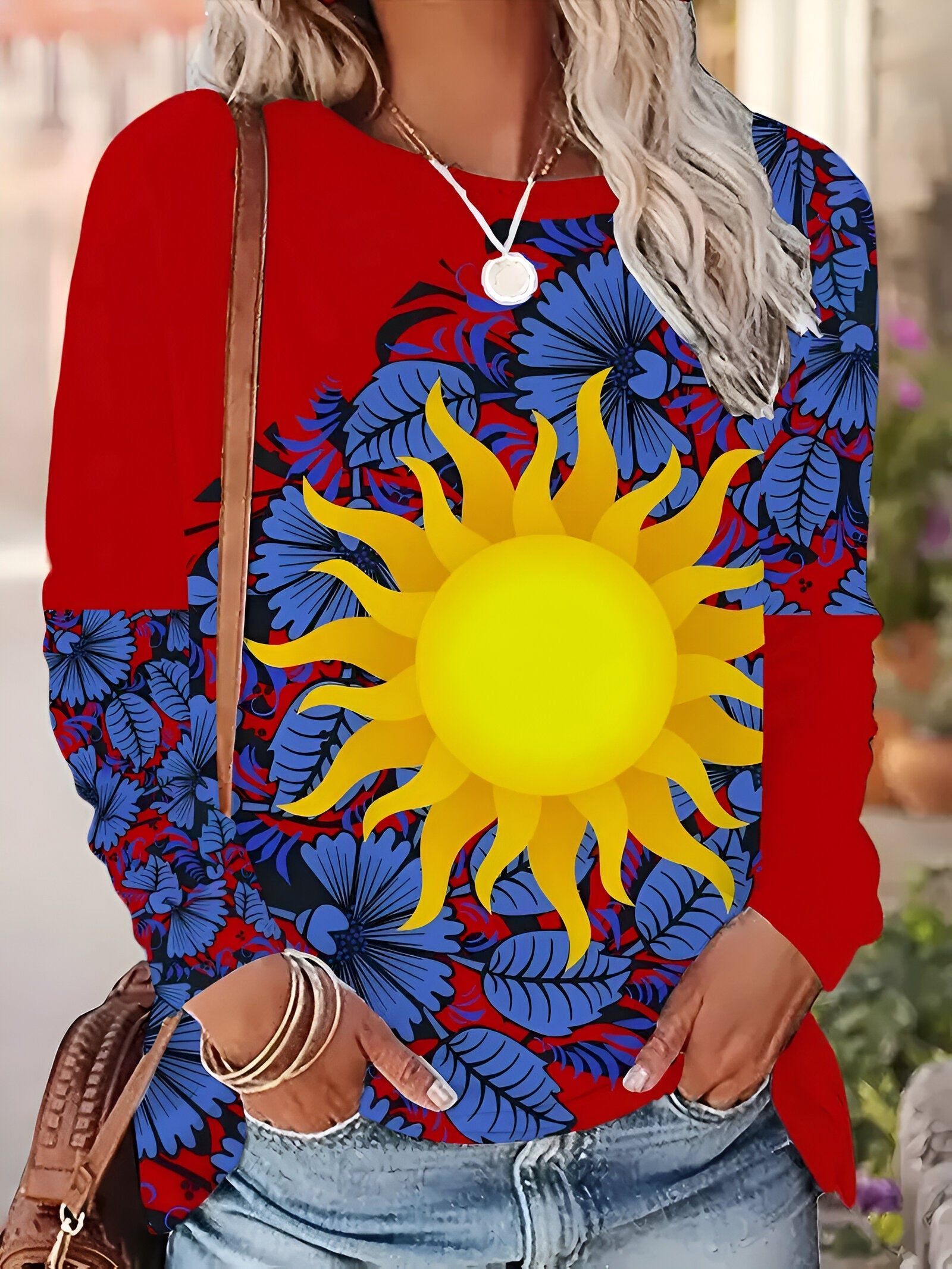 Alessia™ | Maglietta Chic Blu con stampa Totem e Sole