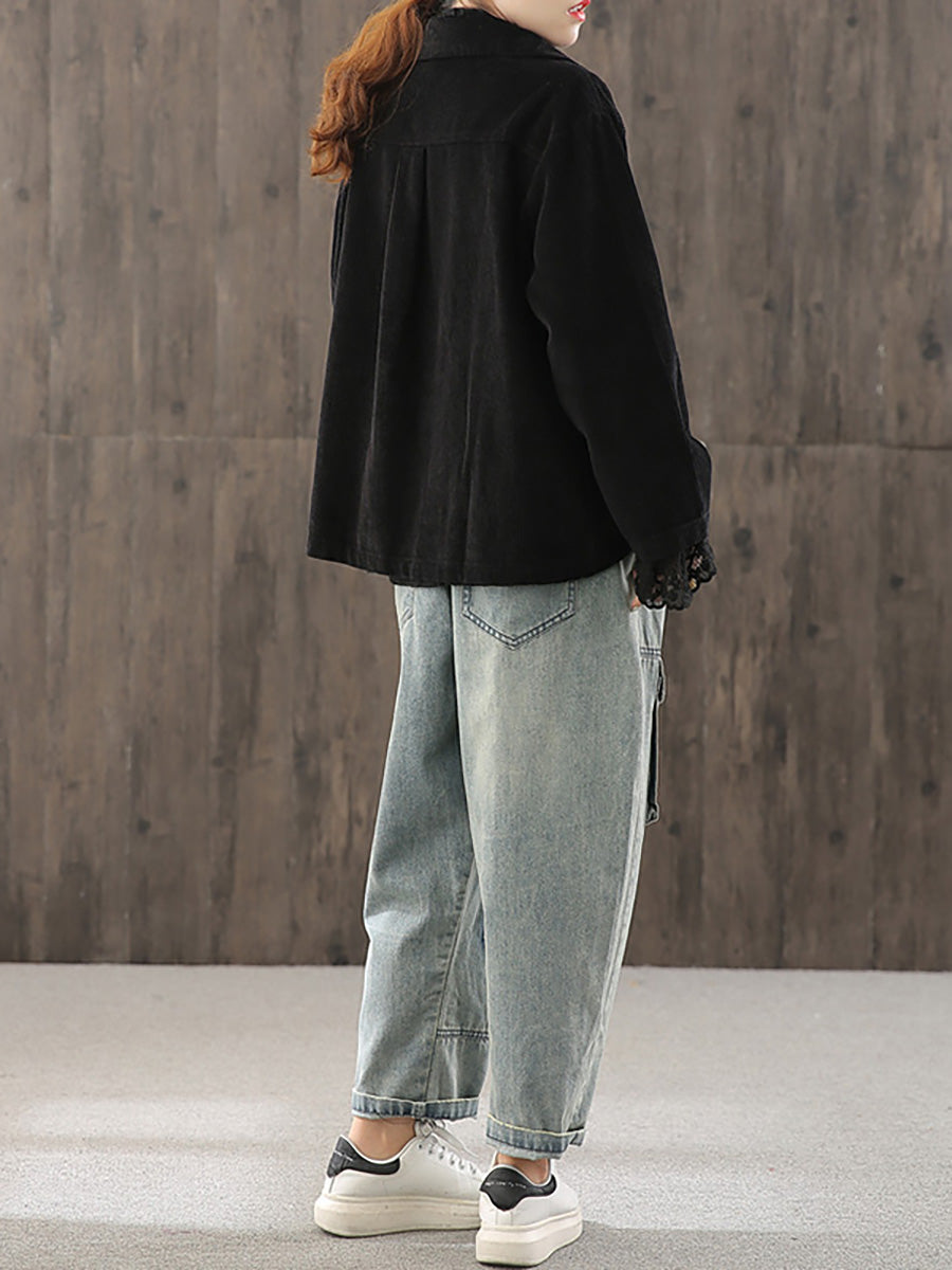 Plus Size Women Solid Color Pocket Corduroy Jacket Coat