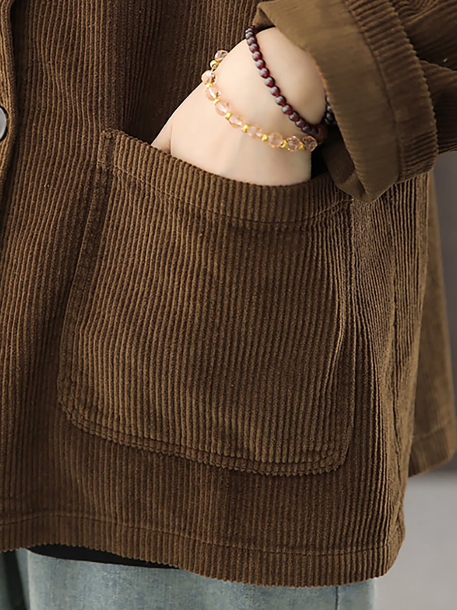 Plus Size Women Solid Color Pocket Corduroy Jacket Coat
