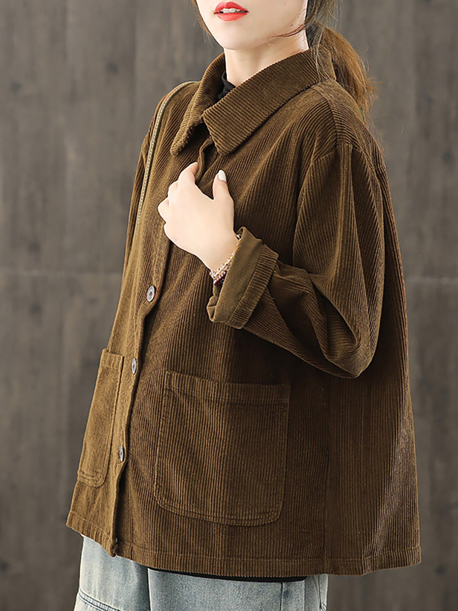 Plus Size Women Solid Color Pocket Corduroy Jacket Coat