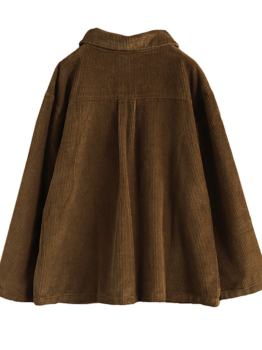 Plus Size Women Solid Color Pocket Corduroy Jacket Coat