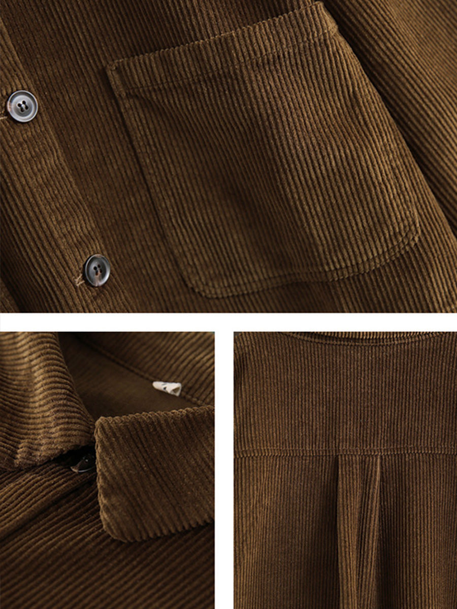 Plus Size Women Solid Color Pocket Corduroy Jacket Coat