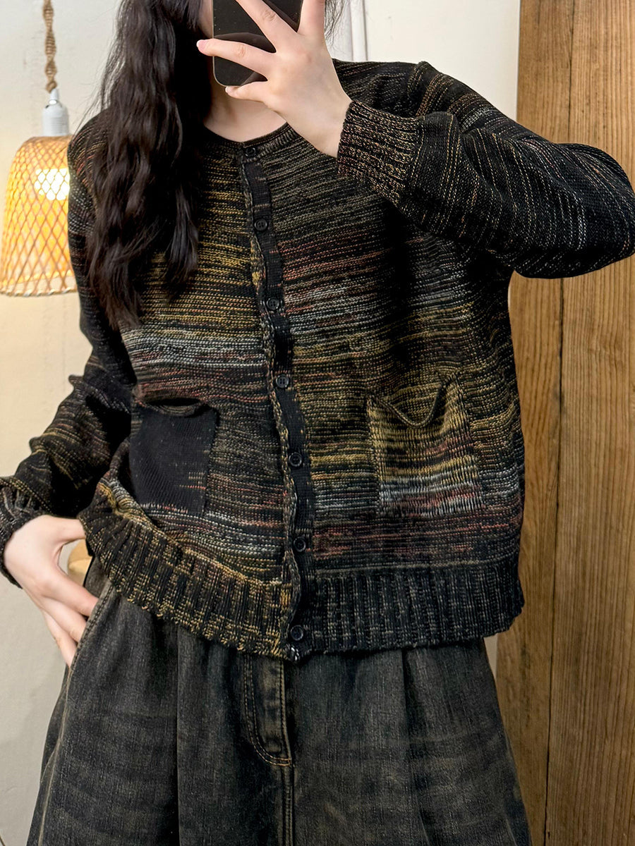 Women Autumn Vintage Colorblock O-Neck Sweater