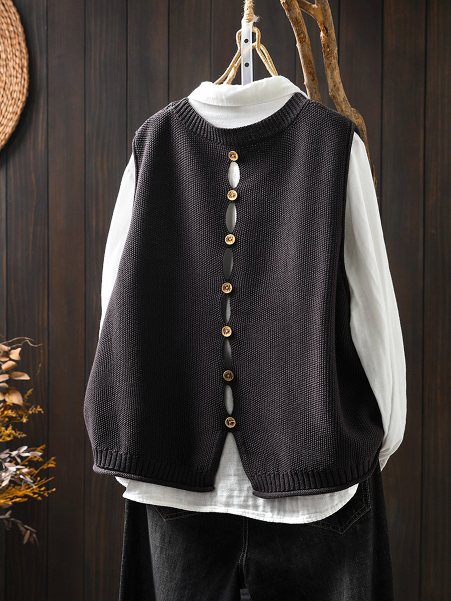 Women Vintage Pure Color Button Knit Vest