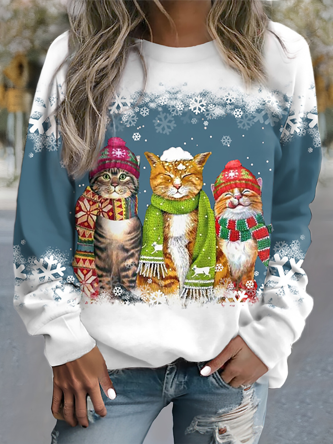 Feline Frost™ - Warme Wintertop met Sneeuwkat Print