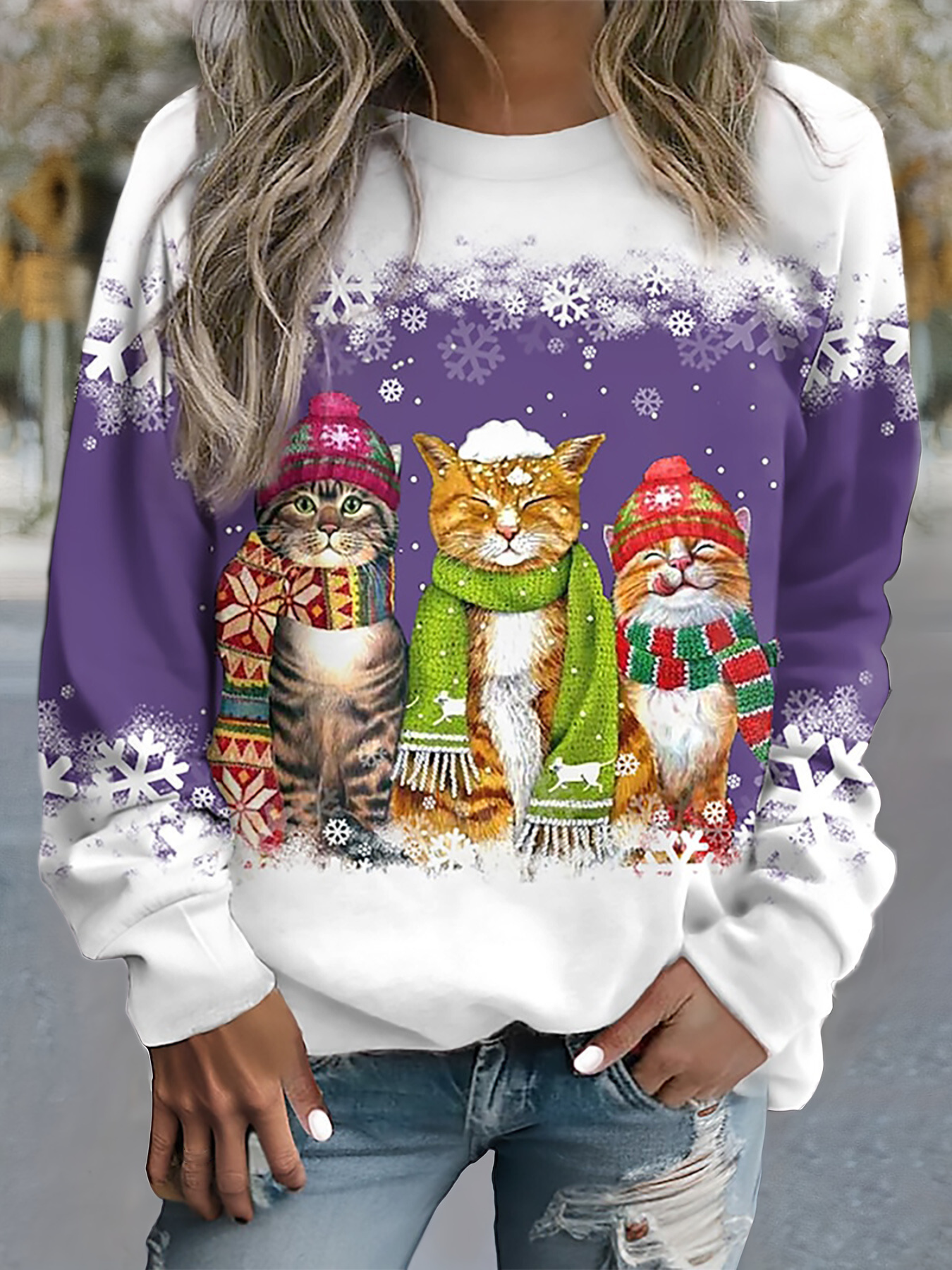 Feline Frost™ - Warme Wintertop met Sneeuwkat Print
