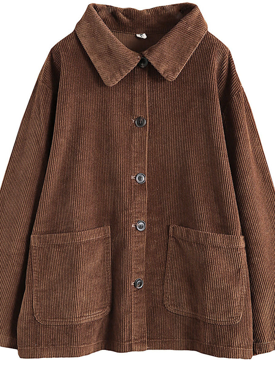 Plus Size Women Solid Color Pocket Corduroy Jacket Coat