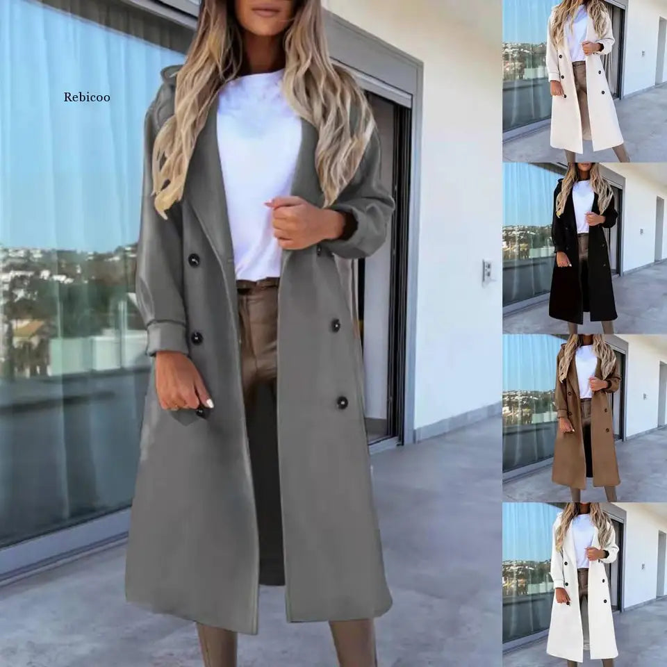 Women Long Coat Solid Color Double Breasted Warm OuterwearSuit Collar Long Sleeve Oversized Overcoat Office for Autumn Winter