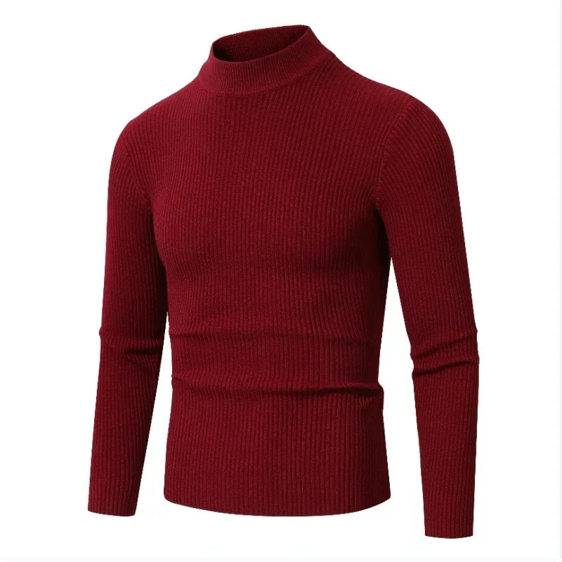 New Men's Semi High Neck Solid Color Elastic Stripe Pullover Warm Autumn and Winter Knitted Oversized Sweater for Men