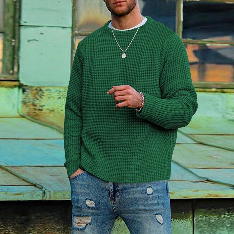 2024 European and American solid color Wafege long -sleeved autumn and winter round neck bottom knit sweater men