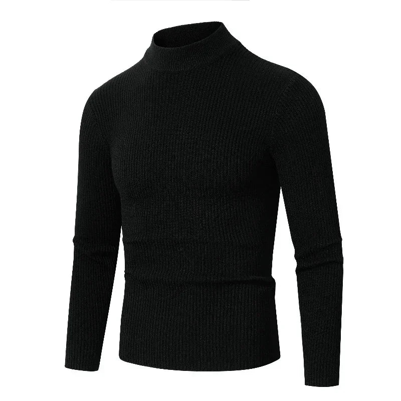 New Men's Semi High Neck Solid Color Elastic Stripe Pullover Warm Autumn and Winter Knitted Oversized Sweater for Men