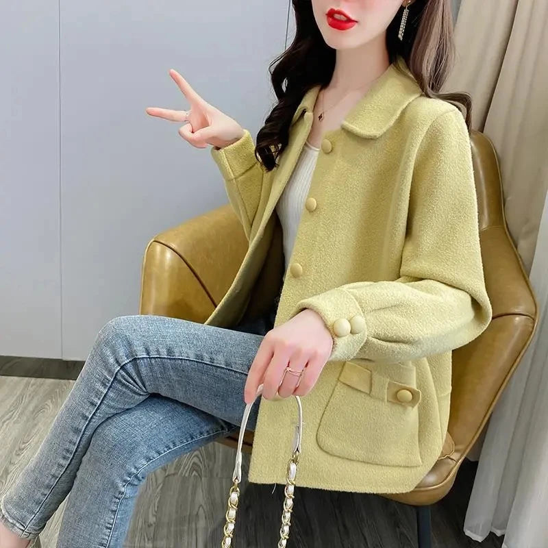 2023 Spring Autumn Winter Short Stand-up Collar Jacket Women‘s Woolen Coat Double-Sided Cashmere Woolen blend Outerwear Female