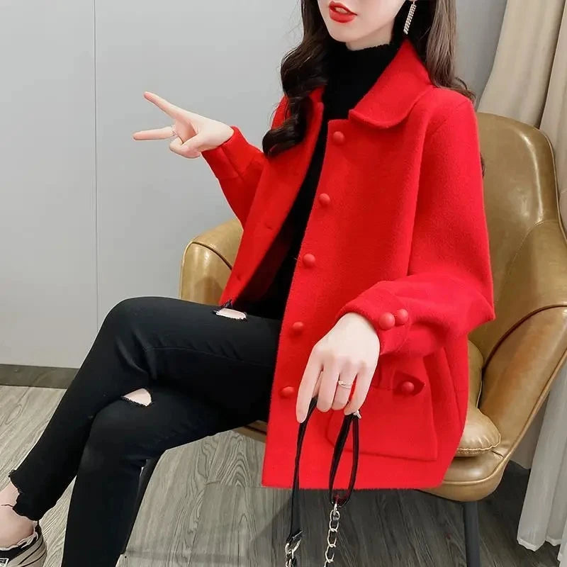 2023 Spring Autumn Winter Short Stand-up Collar Jacket Women‘s Woolen Coat Double-Sided Cashmere Woolen blend Outerwear Female