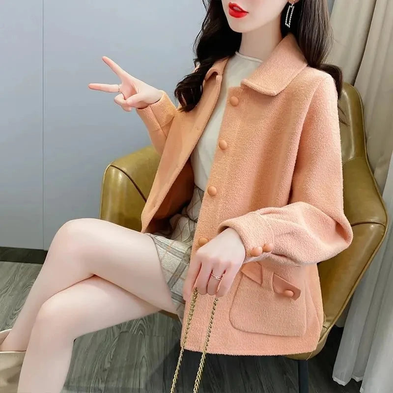 2023 Spring Autumn Winter Short Stand-up Collar Jacket Women‘s Woolen Coat Double-Sided Cashmere Woolen blend Outerwear Female