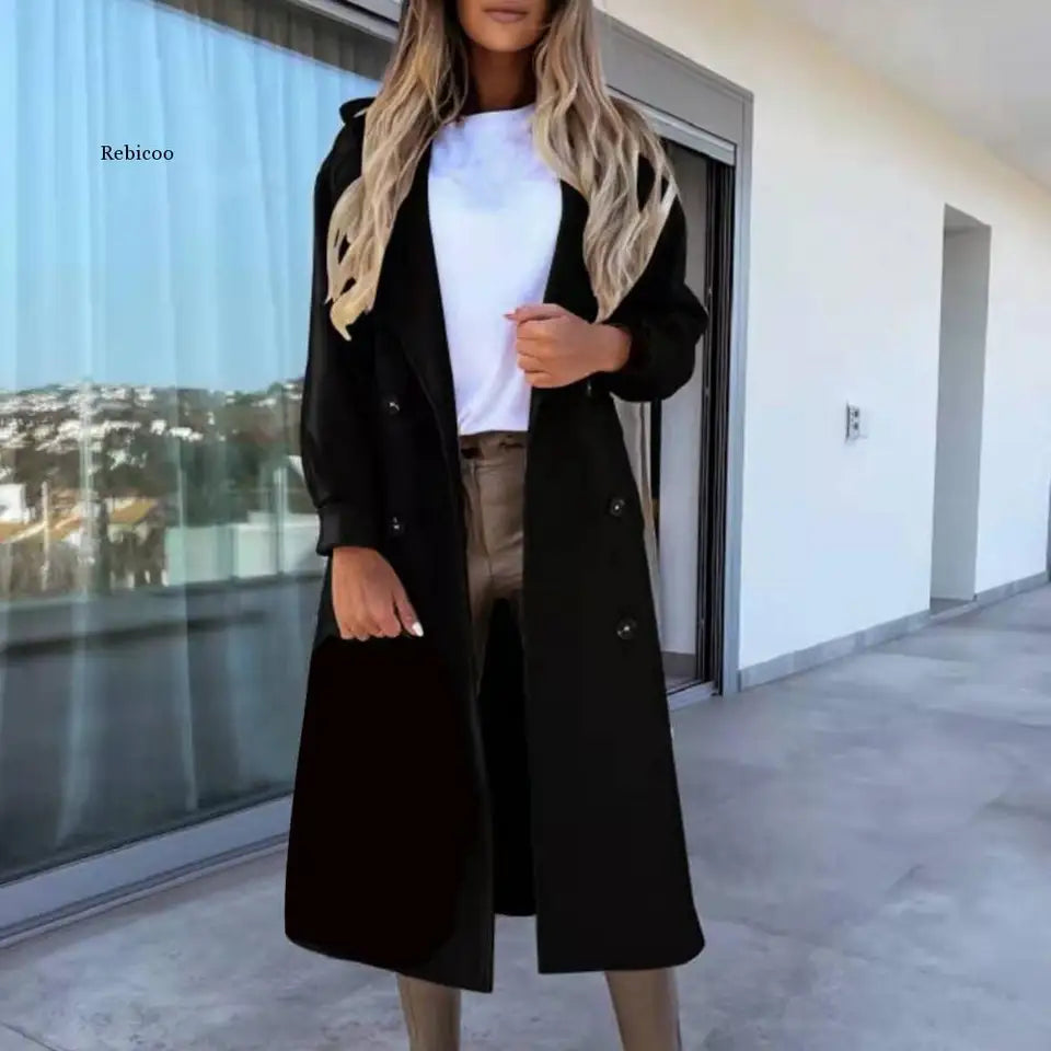 Women Long Coat Solid Color Double Breasted Warm OuterwearSuit Collar Long Sleeve Oversized Overcoat Office for Autumn Winter