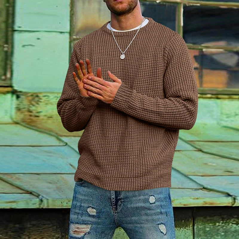 2024 European and American solid color Wafege long -sleeved autumn and winter round neck bottom knit sweater men