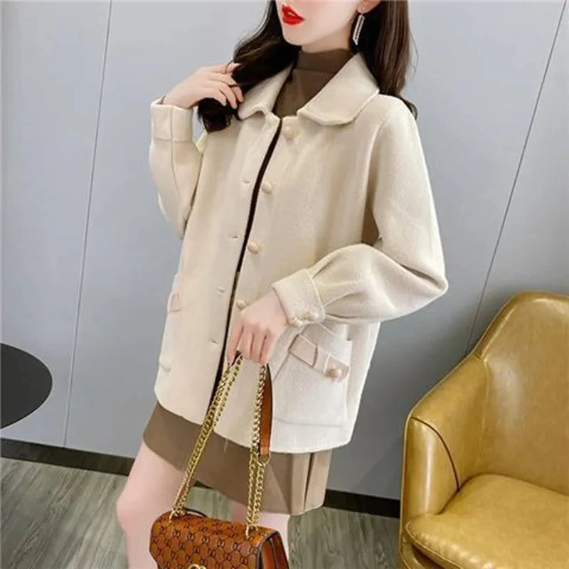 2023 Spring Autumn Winter Short Stand-up Collar Jacket Women‘s Woolen Coat Double-Sided Cashmere Woolen blend Outerwear Female