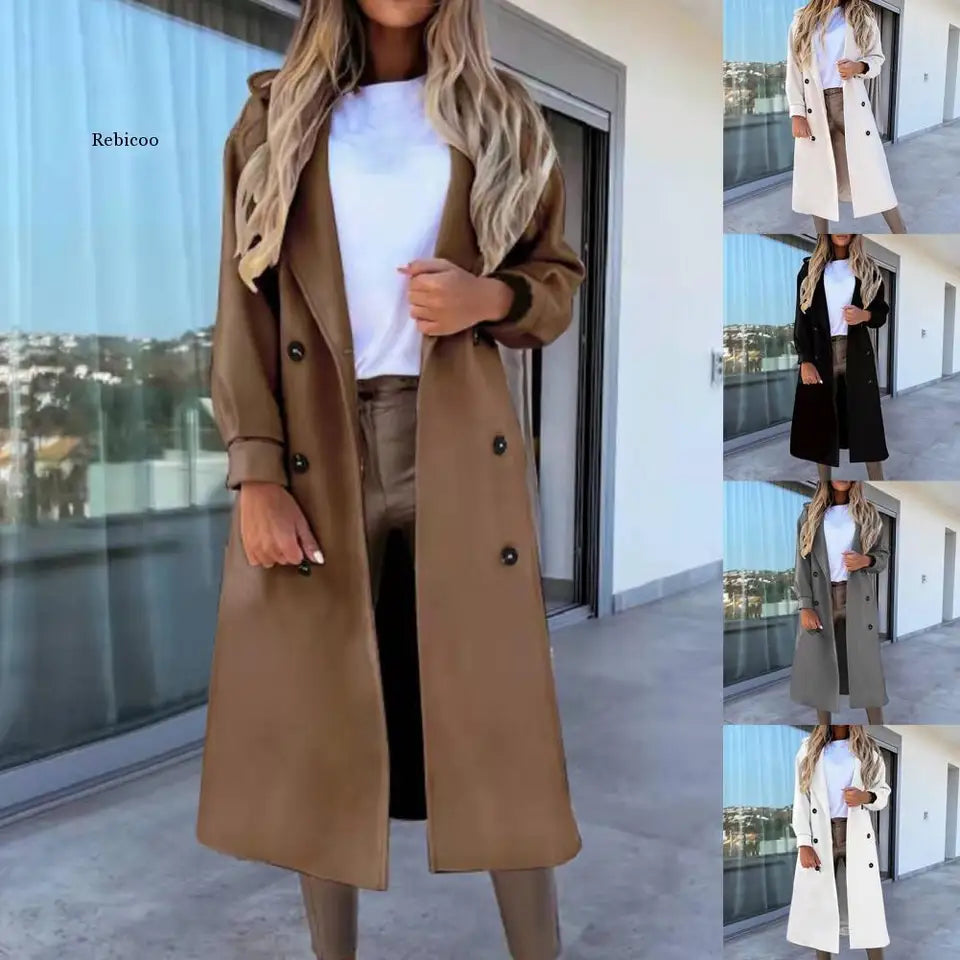 Women Long Coat Solid Color Double Breasted Warm OuterwearSuit Collar Long Sleeve Oversized Overcoat Office for Autumn Winter