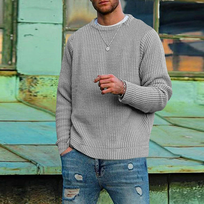 2024 European and American solid color Wafege long -sleeved autumn and winter round neck bottom knit sweater men