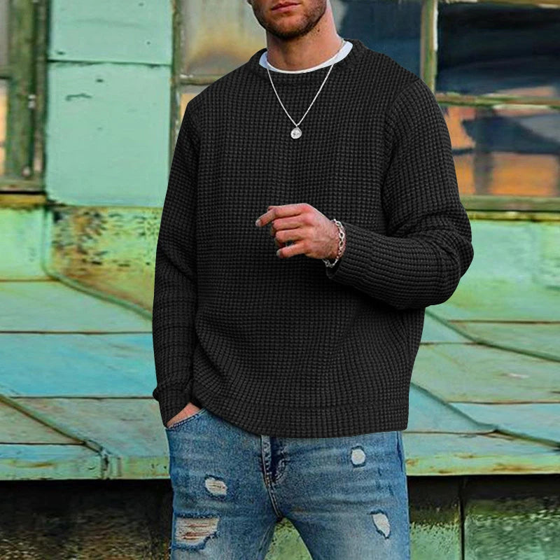 2024 European and American solid color Wafege long -sleeved autumn and winter round neck bottom knit sweater men