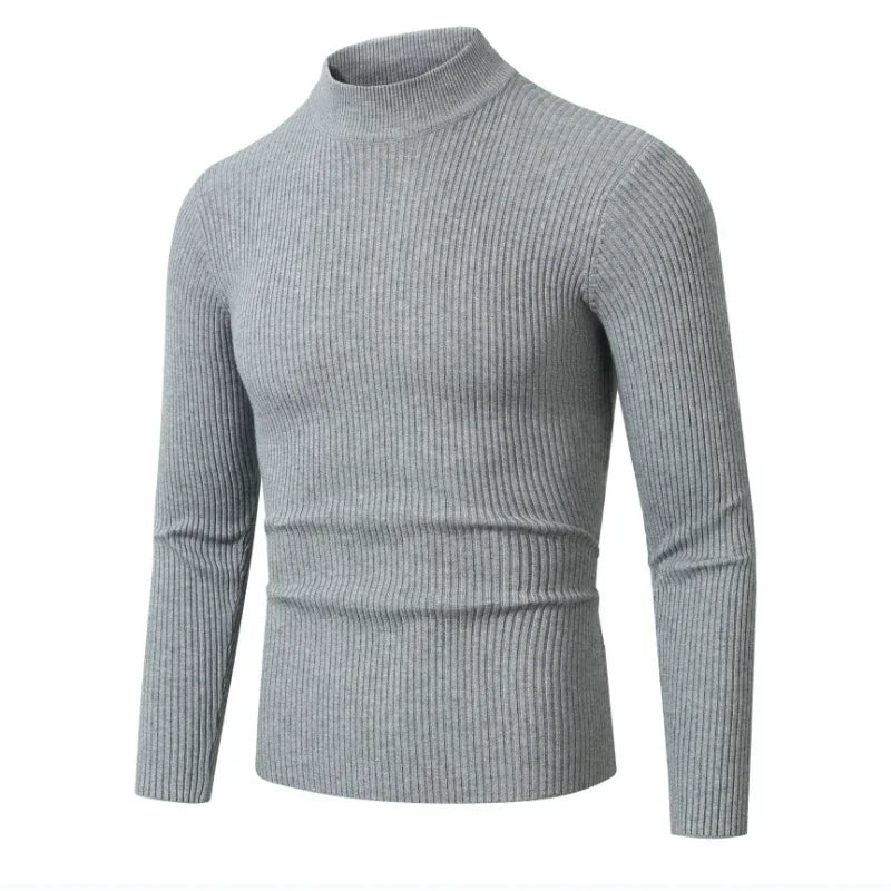 New Men's Semi High Neck Solid Color Elastic Stripe Pullover Warm Autumn and Winter Knitted Oversized Sweater for Men