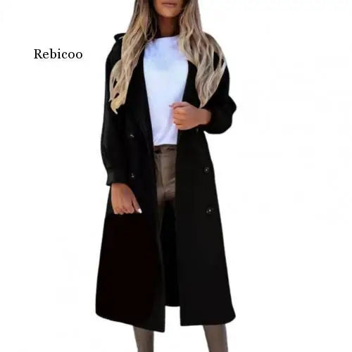 Women Long Coat Solid Color Double Breasted Warm OuterwearSuit Collar Long Sleeve Oversized Overcoat Office for Autumn Winter