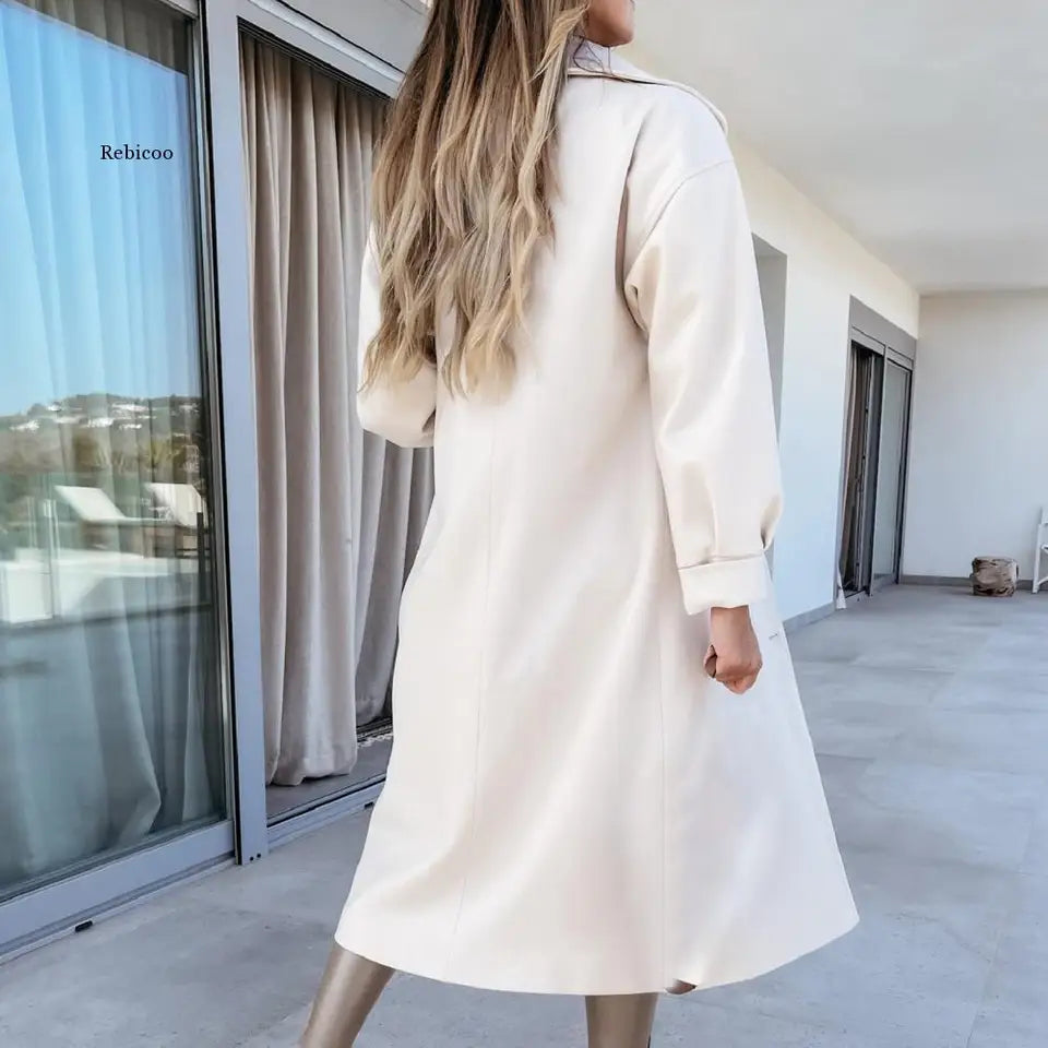 Women Long Coat Solid Color Double Breasted Warm OuterwearSuit Collar Long Sleeve Oversized Overcoat Office for Autumn Winter