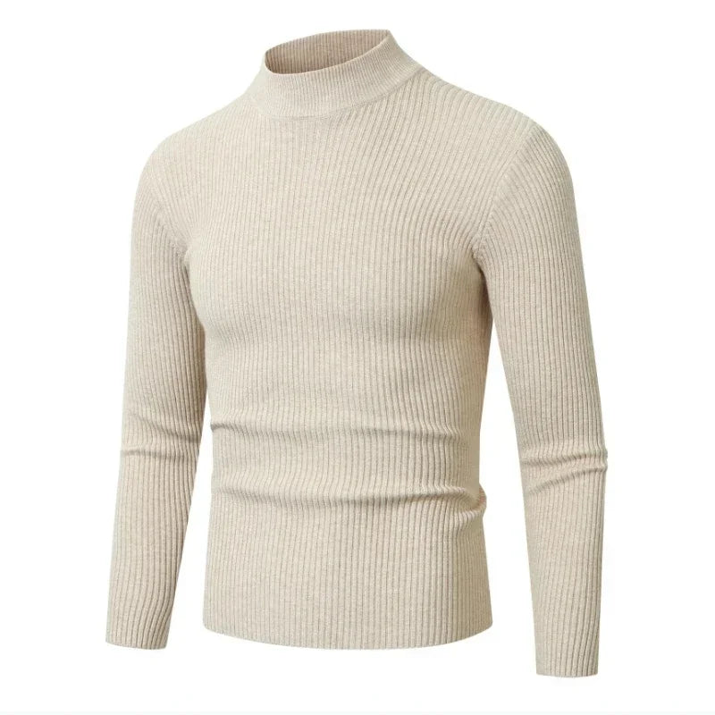 New Men's Semi High Neck Solid Color Elastic Stripe Pullover Warm Autumn and Winter Knitted Oversized Sweater for Men