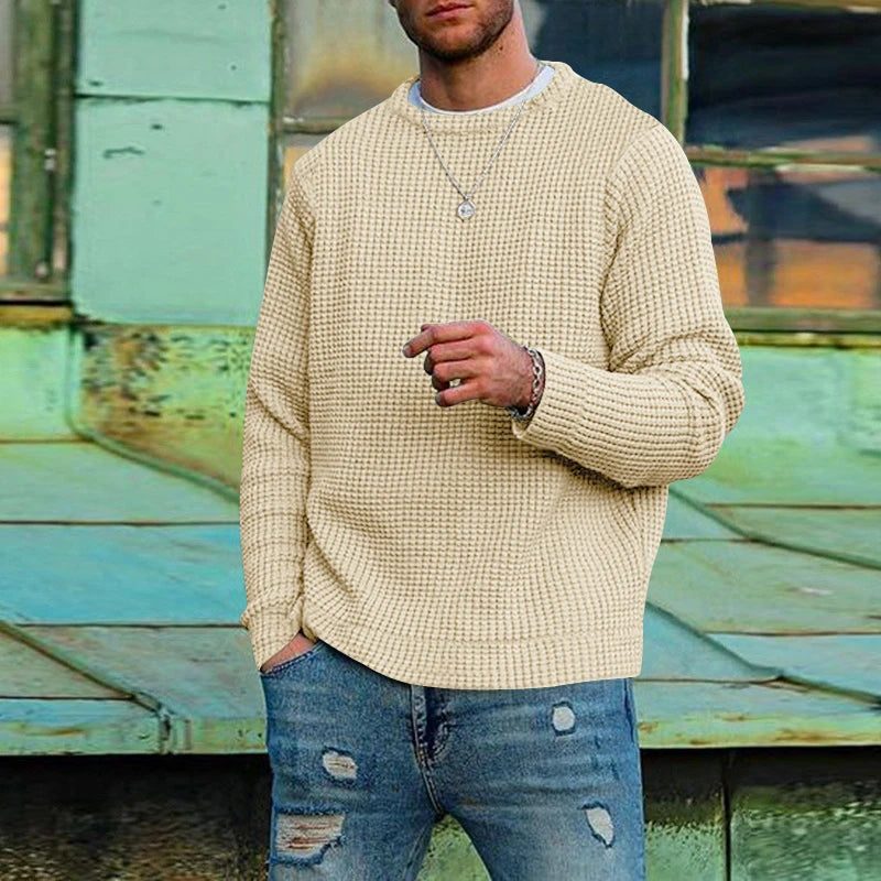 2024 European and American solid color Wafege long -sleeved autumn and winter round neck bottom knit sweater men