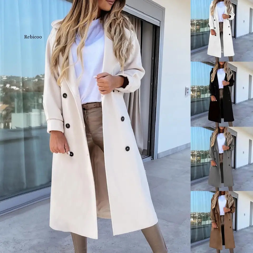 Women Long Coat Solid Color Double Breasted Warm OuterwearSuit Collar Long Sleeve Oversized Overcoat Office for Autumn Winter