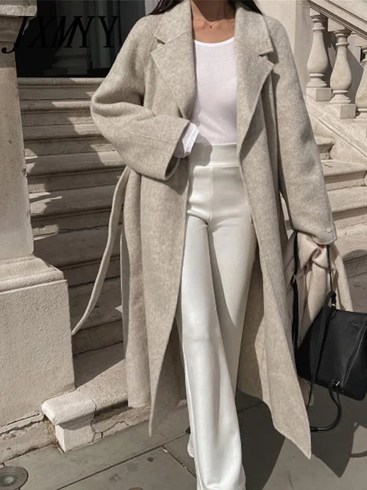 JXMYY-Chaqueta de lana de estilo minimalista para mujer, chaqueta holgada informal con cordones, elegante, estilo coreano, Beige, Invierno