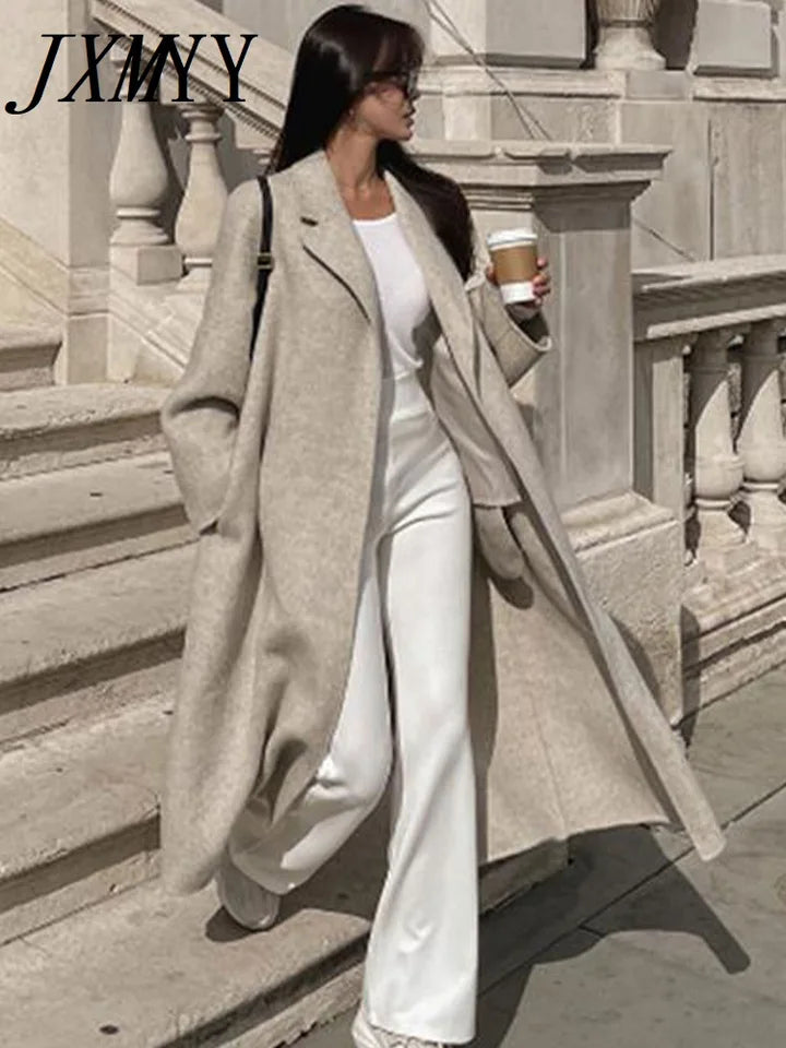 JXMYY-Chaqueta de lana de estilo minimalista para mujer, chaqueta holgada informal con cordones, elegante, estilo coreano, Beige, Invierno