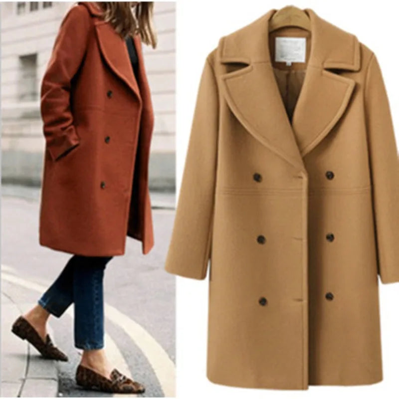 Gabardina ajustada de lana para mujer, abrigo de manga larga con doble botonadura y cuello vuelto, otoño e invierno, novedad