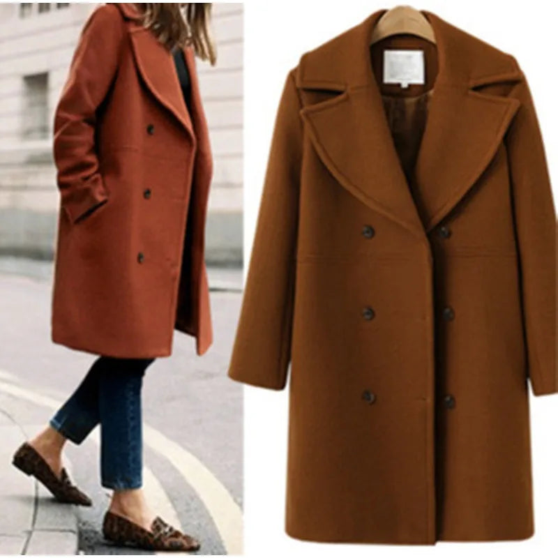Gabardina ajustada de lana para mujer, abrigo de manga larga con doble botonadura y cuello vuelto, otoño e invierno, novedad
