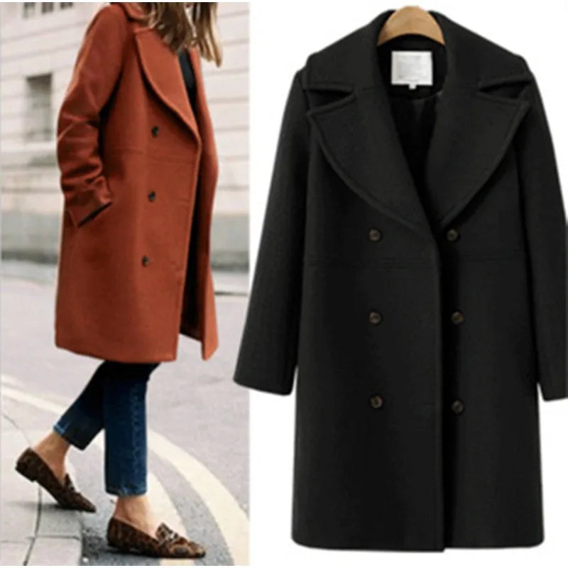 Gabardina ajustada de lana para mujer, abrigo de manga larga con doble botonadura y cuello vuelto, otoño e invierno, novedad
